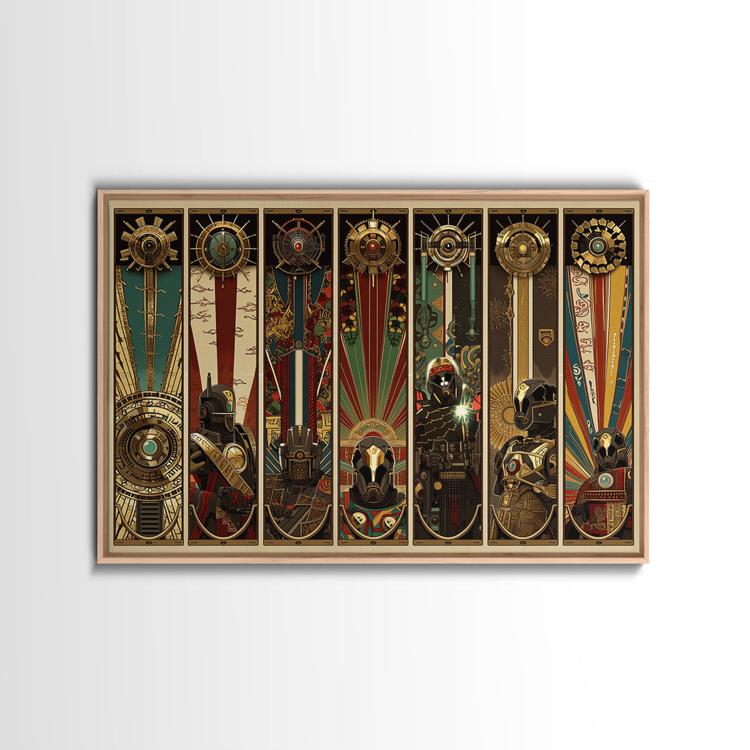 Futuristic Tribal Totem Panels And Helmets, African Wall Art, Afrofuturism Decor, Geometric Art, Framed Canvas Print, Bold Home Decor