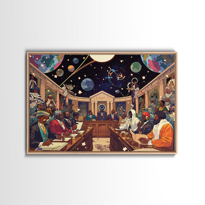 Afrofuturist African Council In Space Canvas Print, Black Culture Art, Diaspora Art, Modern African Art, Statement Wall Decor