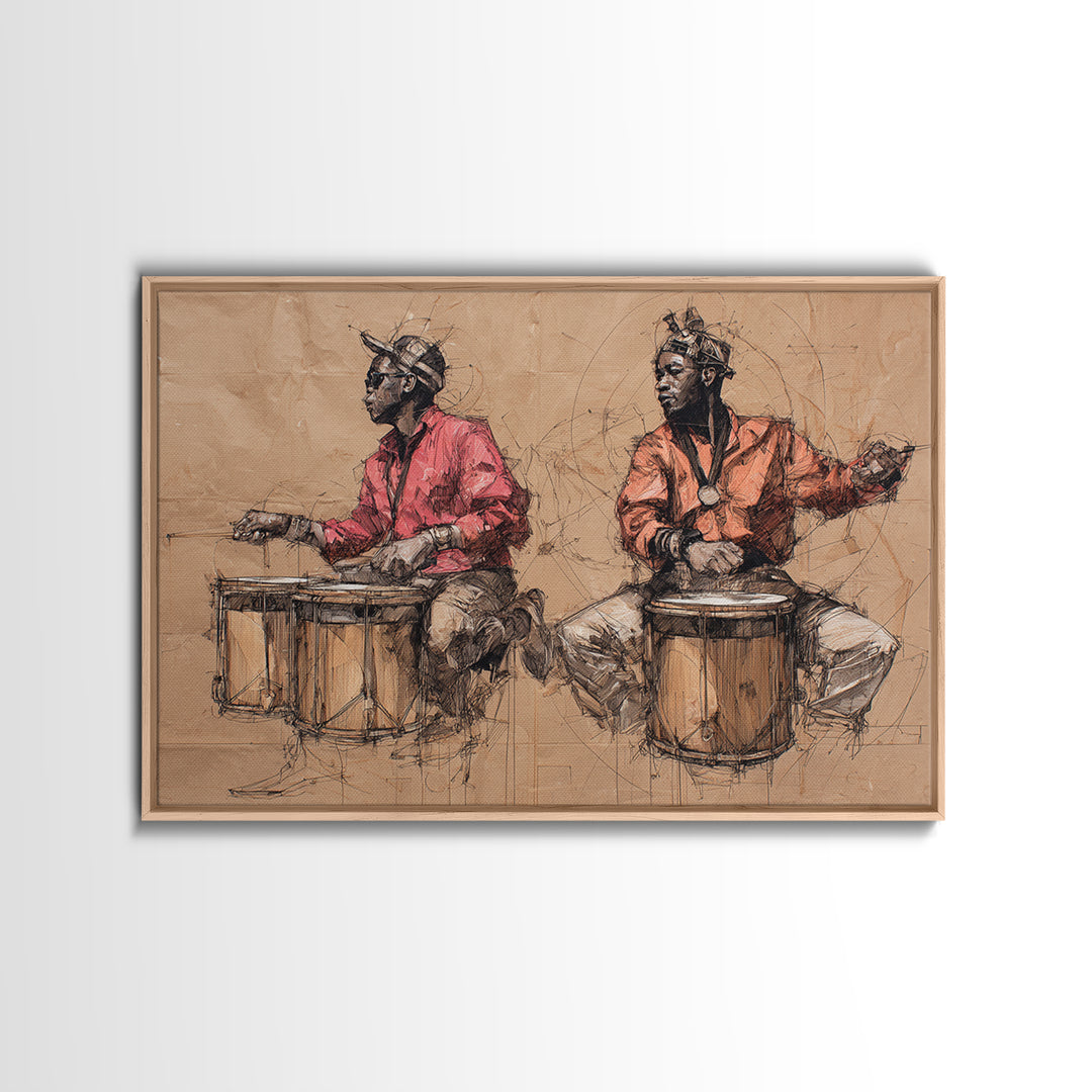 Two African Drummers Sketch Framed Canvas Print, Tribal Art Print, African Culture Art, Music Room Decor, Afrocentric Artwork