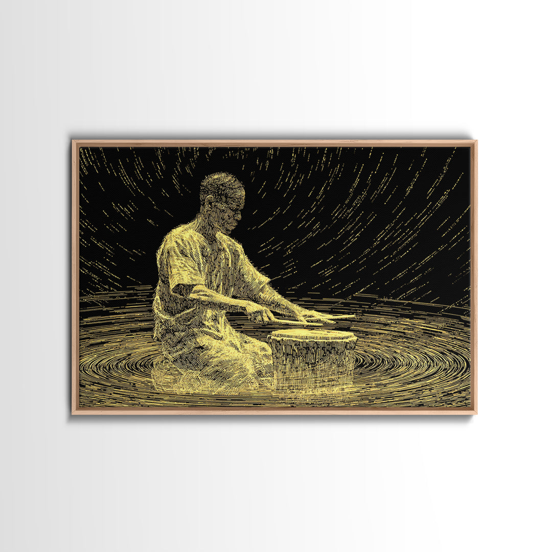 Golden African Drummer Line Art Wall Art, Black And Gold Art, Spiritual Music Decor, Afrocentric Wall Art, Unique Canvas