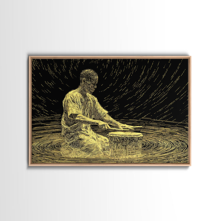 Golden African Drummer Line Art Wall Art, Black And Gold Art, Spiritual Music Decor, Afrocentric Wall Art, Unique Canvas