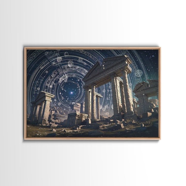 Starlit Ancient Temple Ruins Framed Canvas Print, Mystical Wall Art, Spiritual Wall Decor, Astrology Inspired Home Decor