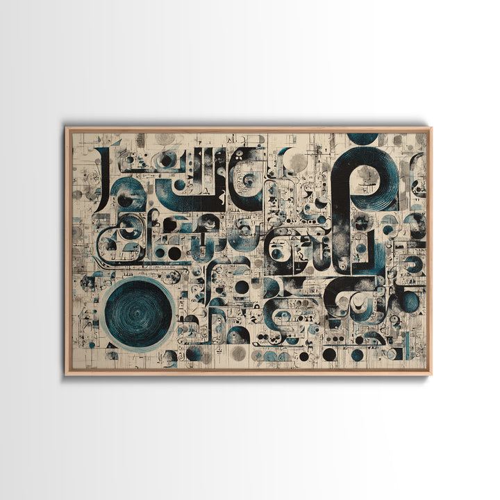 Modern Teal Black Geometric Symbols Canvas Print, Abstract Pattern Wall Decor, Contemporary Art, Office Home Accent, Statement Piece