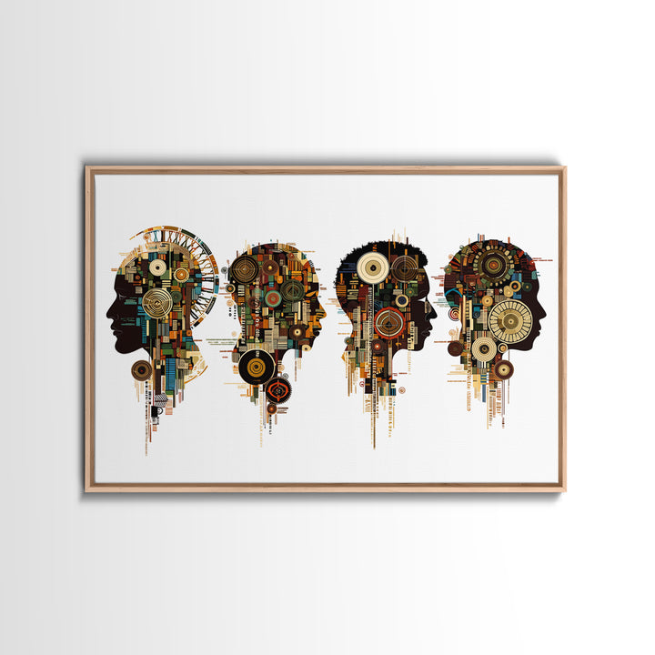 Four Afrofuturist Profile Heads Wall Art, Geometric Portrait Canvas, Black Culture Decor, Modern Abstract Office Gift For Home