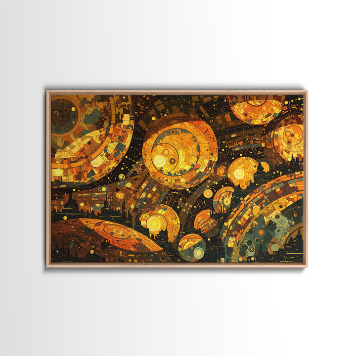 Golden Cosmic Mechanical Orbs Canvas Print, Futuristic Abstract Wall Art, Orange Space Decor, Unique Modern Statement Gift