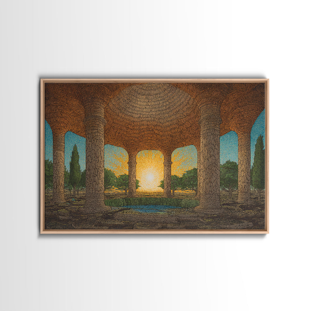 Ancient Stone Colonnade Garden Wall Art, Sunset Rotunda Landscape Canvas Print, Earth Tone Cultural Home Decor Gift For Living Room