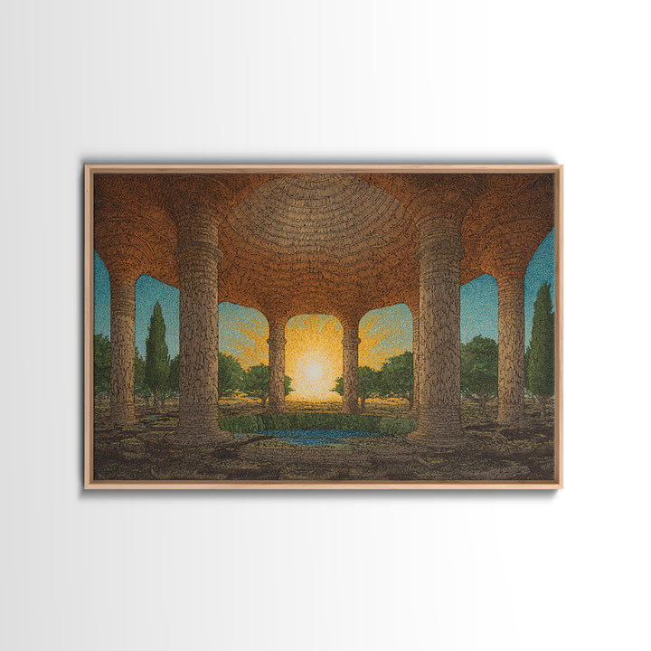 Ancient Stone Colonnade Garden Wall Art, Sunset Rotunda Landscape Canvas Print, Earth Tone Cultural Home Decor Gift For Living Room