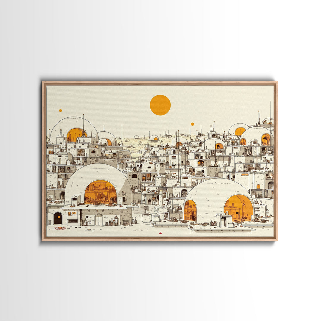 White Desert Dome City With Orange Sun Wall Art, African Landscape Print, Modern North African Decor, Boho Living Room Art