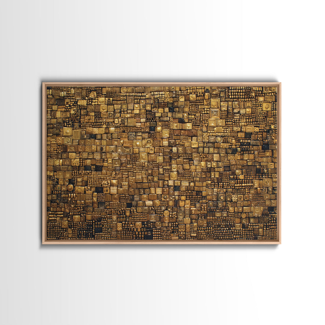 Gold And Black Geometric Mosaic Textile Wall Art, African Abstract Art, Kuba Cloth Decor, Luxury Modern Living Room Wall Decor