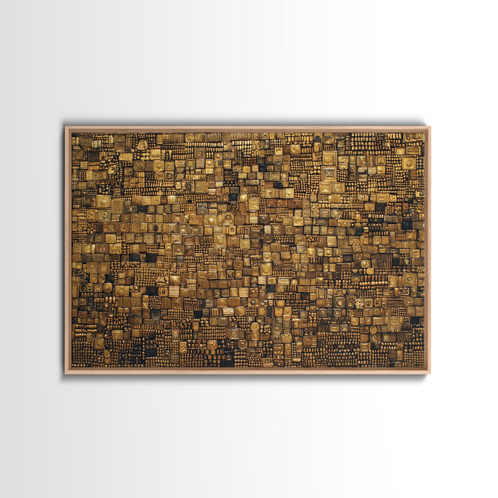 Gold And Black Geometric Mosaic Textile Wall Art, African Abstract Art, Kuba Cloth Decor, Luxury Modern Living Room Wall Decor