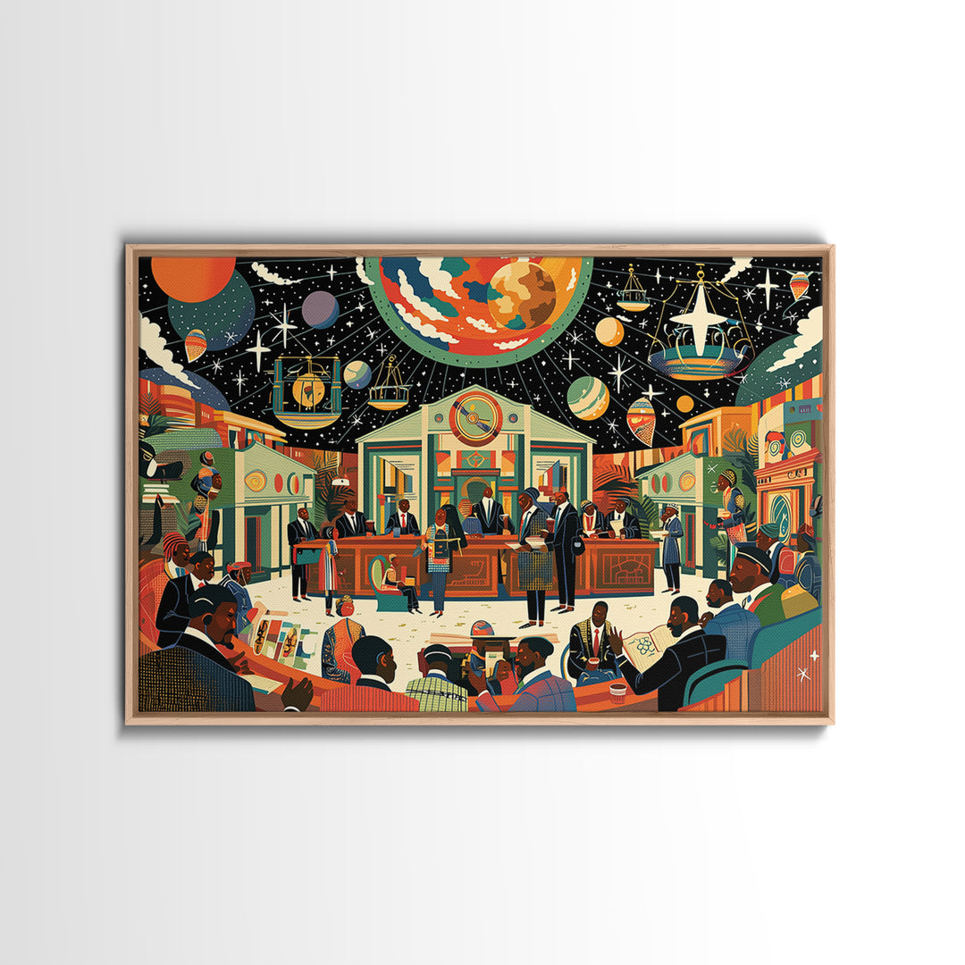 Afrofuturist Community Court Under Cosmic Sky Wall Art, Black Culture Art, African American Art, Juneteenth Home Decor Gift