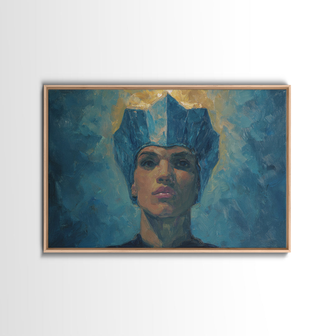 Regal Blue Crown African Woman Portrait Canvas Print, Black Queen Portrait, Elegant Woman Art, Feminine Wall Decor Gift For Her
