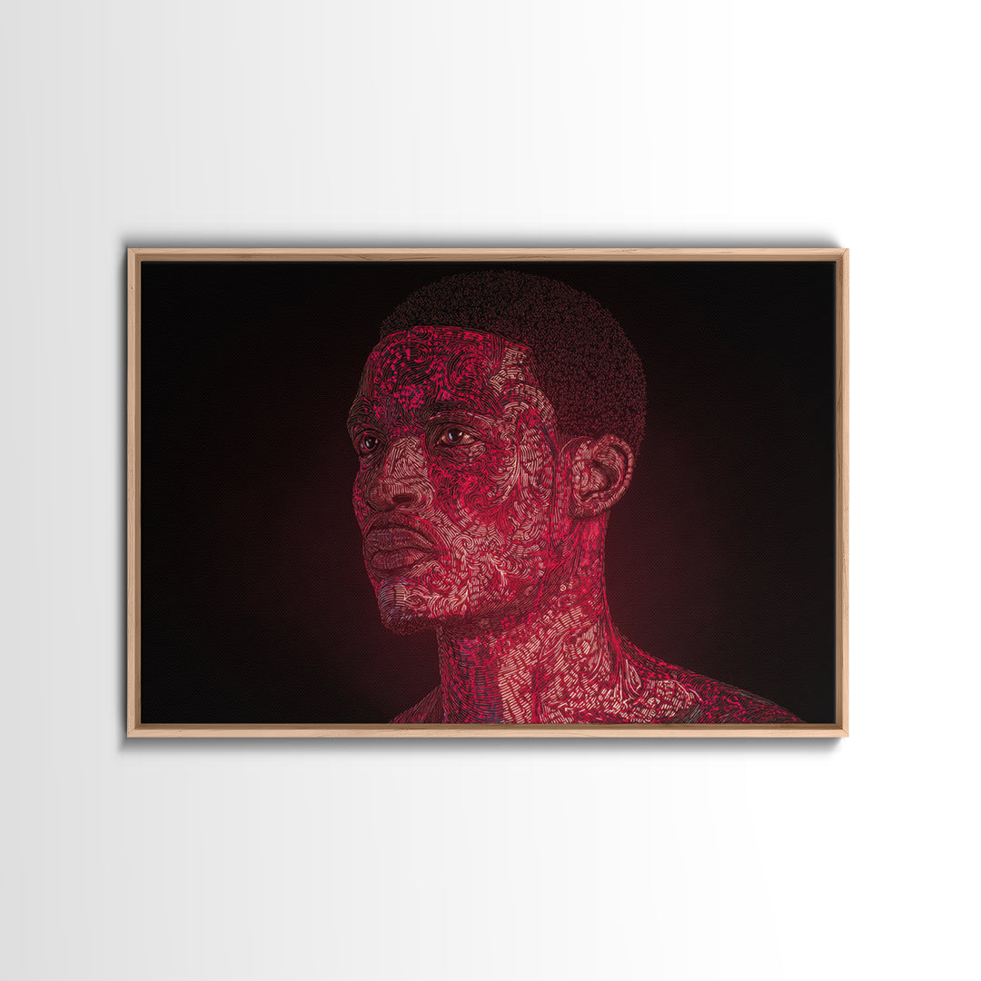Red Patterned Black Man Portrait Framed Canvas Print, Abstract Black Art, Afrocentric Artwork, Modern Ethnic Wall Decor Gift