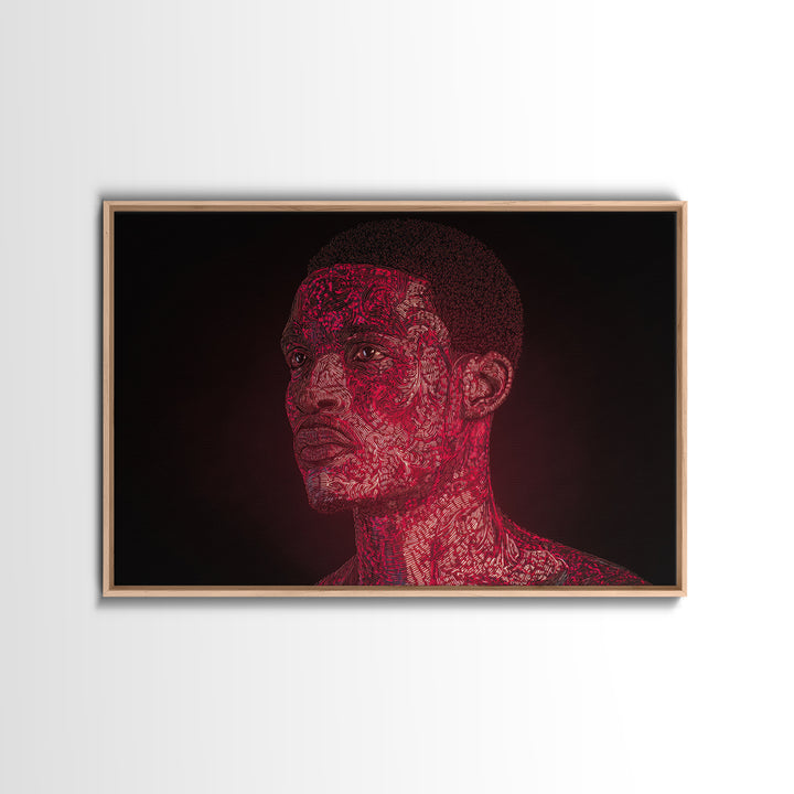 Red Patterned Black Man Portrait Framed Canvas Print, Abstract Black Art, Afrocentric Artwork, Modern Ethnic Wall Decor Gift