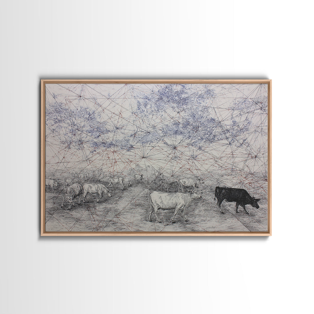 Pastoral Cattle Under Abstract Network Sky Wall Art, African Landscape, Farm Animal Art, Minimalist Office Decor Gift For Him