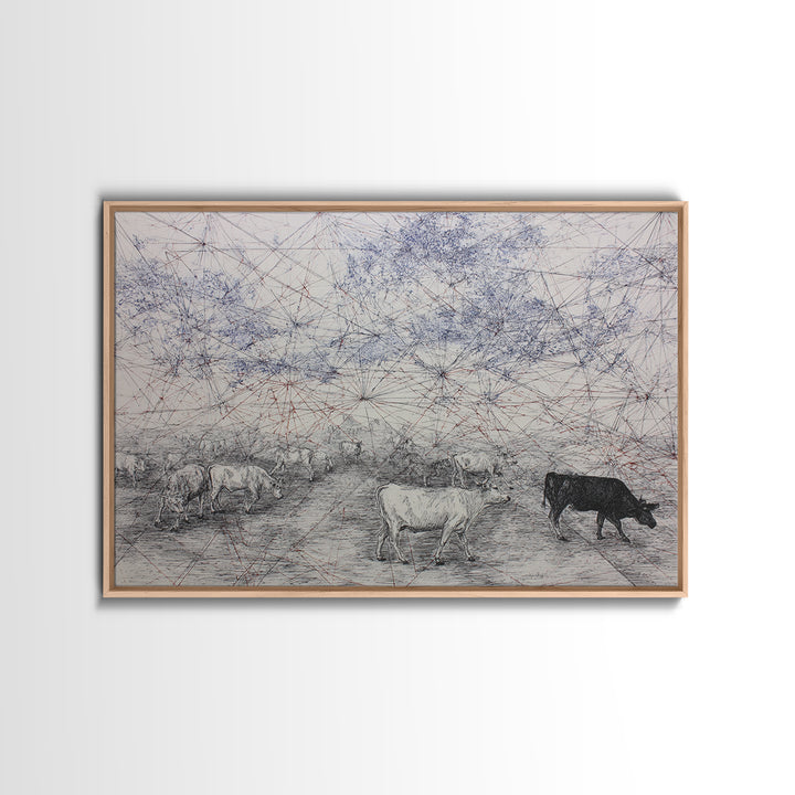 Pastoral Cattle Under Abstract Network Sky Wall Art, African Landscape, Farm Animal Art, Minimalist Office Decor Gift For Him