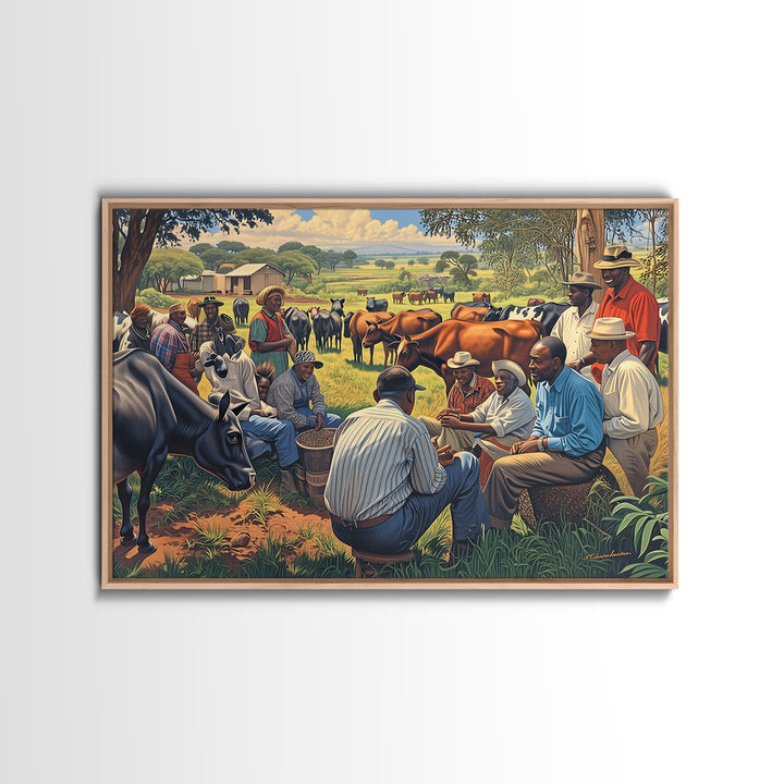 Rural African Cattle Market Gathering Wall Art, African Culture Art, Black People Art, Farm Landscape Home Decor Gift For Him