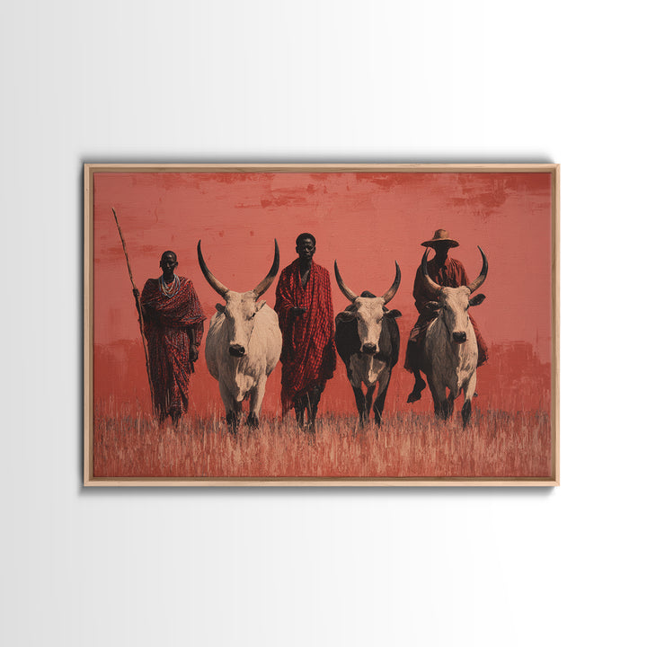 Maasai Warriors With White Cattle Framed Canvas Print, African Safari Art, Tribal Art Decor, Cultural Wall Art, Statement Decor