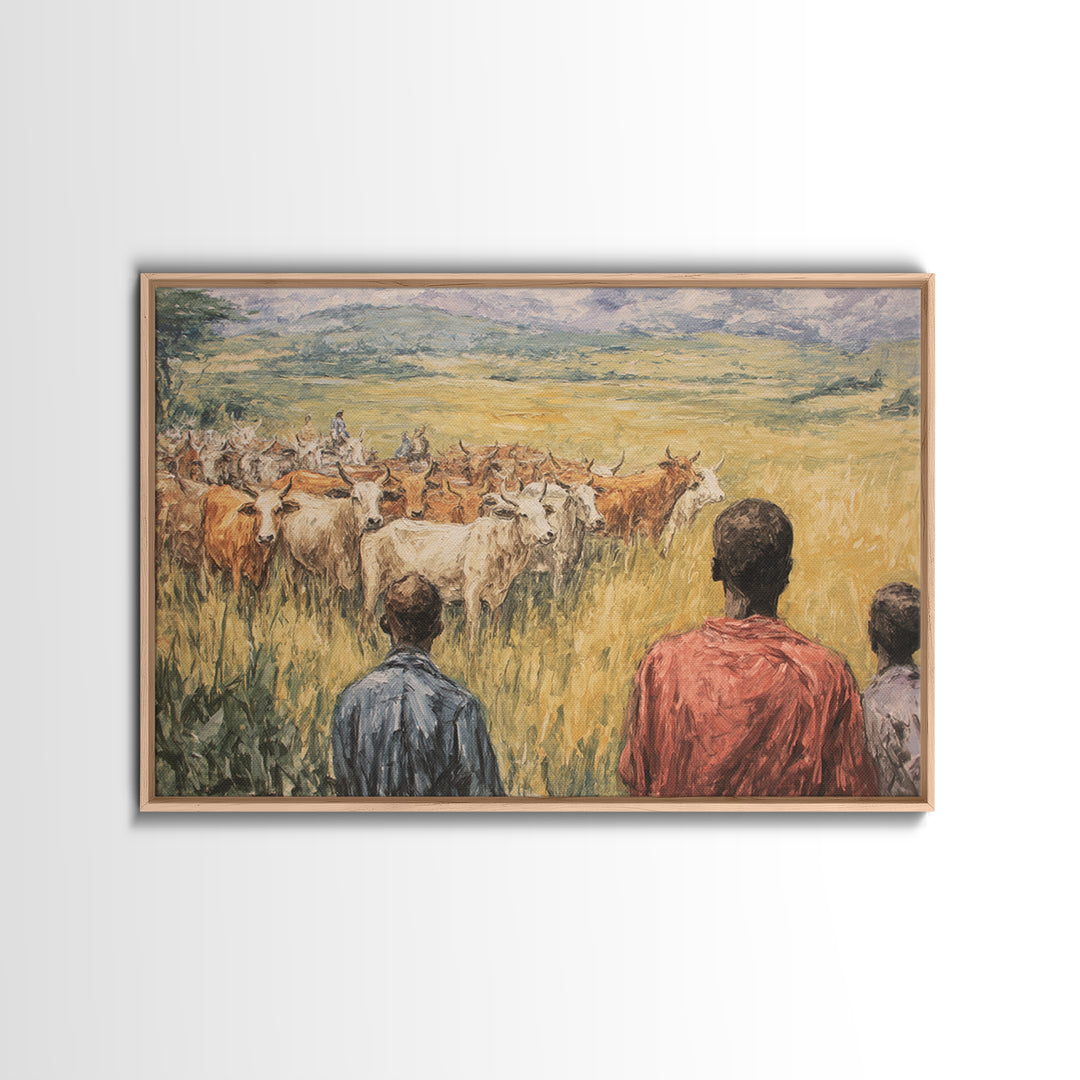 Pastoral African Cattle Herd Landscape Wall Art, African Painting, Safari Art, Cultural Home Decor, Living Room Decor, Gift