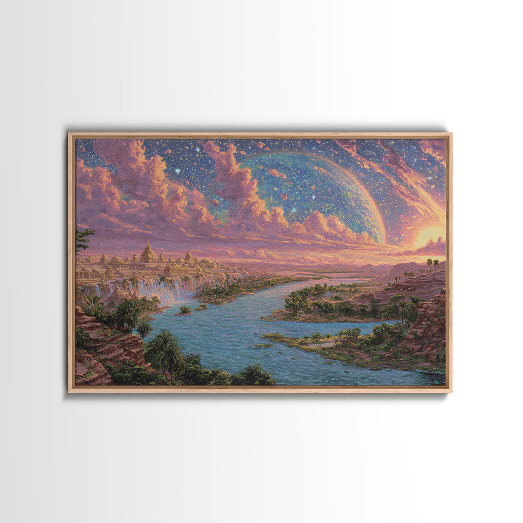 Ancient Nile River Temple Under Cosmic Sky Framed Canvas Print, African Egyptian Art, Fantasy Landscape, Luxury Canvas Art