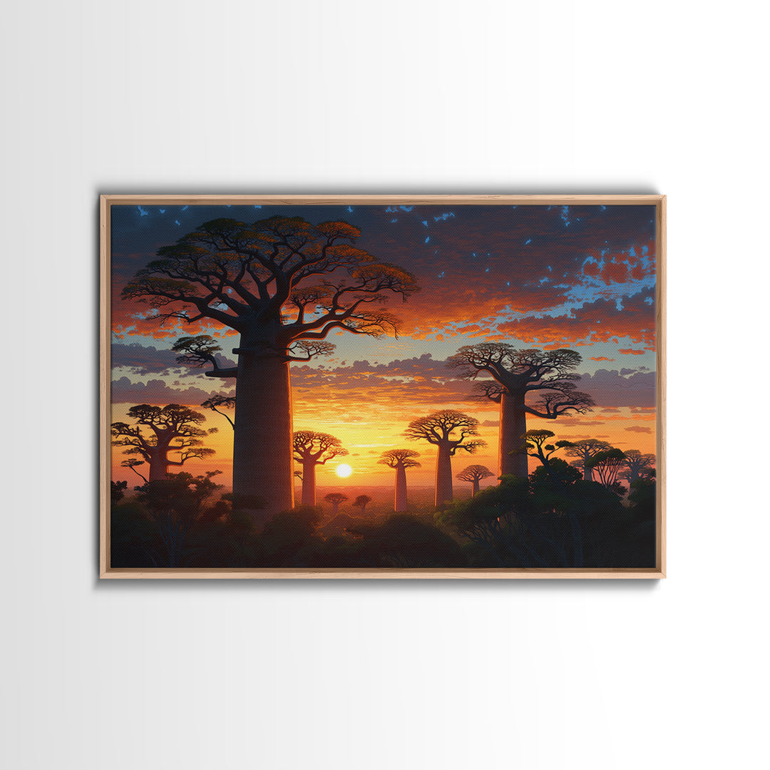 Majestic Baobab Forest At Sunset Framed Canvas Print, African Landscape, Serengeti Wall Art, Jungle Decor, Statement Wall Piece