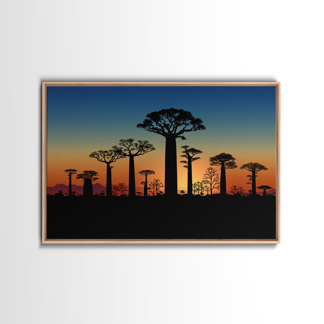 Baobab Tree Silhouettes At Blue Dusk Canvas Print, Madagascar Wall Art, African Tree, Minimalist Wall Art, Safari Decor, Office Decor