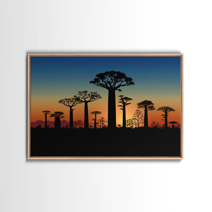 Baobab Tree Silhouettes At Blue Dusk Canvas Print, Madagascar Wall Art, African Tree, Minimalist Wall Art, Safari Decor, Office Decor