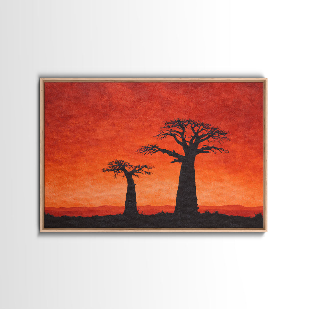 Baobab Tree Silhouettes At Fiery Sunset Wall Art, African Landscape, Safari Decor, Burnt Orange Art Print, Living Room Decor