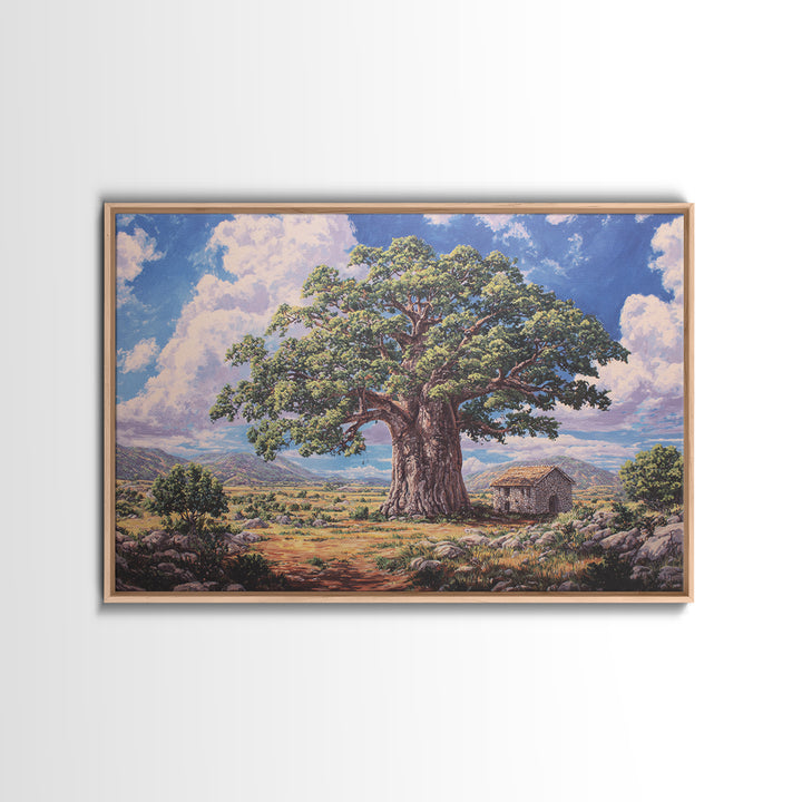 Ancient Baobab Beside Rustic Hut Framed Canvas Print, African Landscape, Cultural Wall Art, Earth Tone Decor, Housewarming Gift