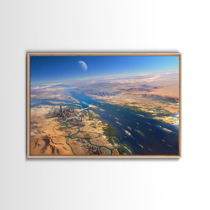 Futuristic Nile River Cities From Space Canvas Print, African Egyptian Art, Desert Landscape, Digital Wall Art, Modern Home Decor