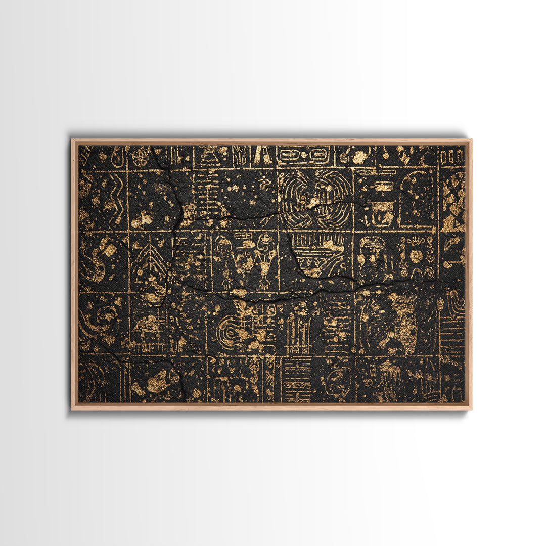 Ancient Egyptian Glyphs On Black Stone Canvas Print, African Egyptian Art, Black And Gold Art, Cultural Art Print, Wall Decor
