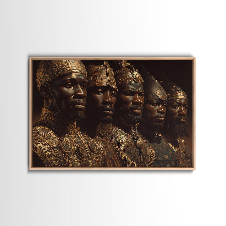 Golden African Kings Portrait Framed Canvas Print, African Warrior Art, Black History Art, Afrocentric Wall Decor Gift For Him