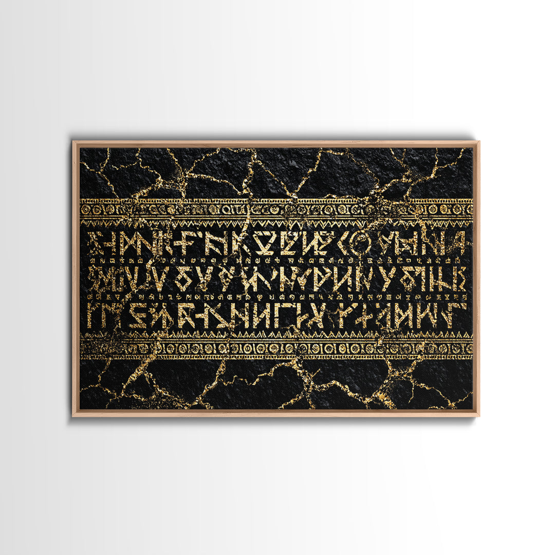 Gold Ancient Script On Black Stone Framed Canvas Print, African Egyptian Art, Cultural Wall Decor, Luxury Home Decor Gift