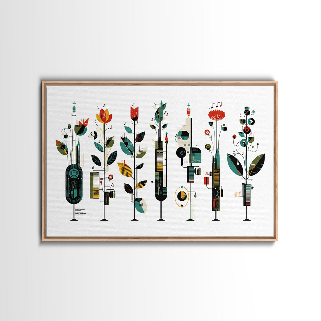 Musical Botanical Towers With Abstract Flowers Wall Art, Modern African Inspired Decor, Colorful Living Room Canvas Print