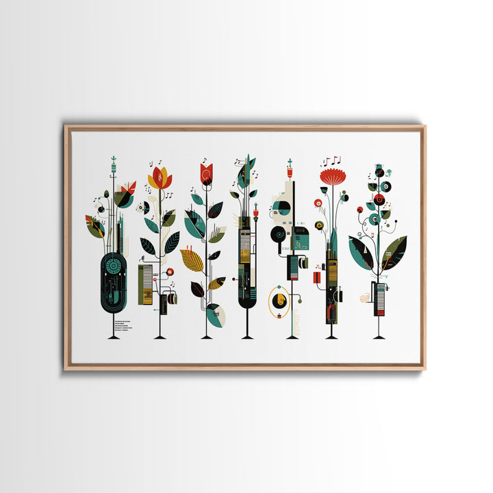 Musical Botanical Towers With Abstract Flowers Wall Art, Modern African Inspired Decor, Colorful Living Room Canvas Print