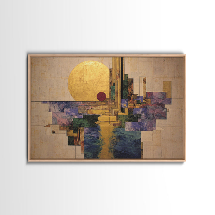 Golden Sun Geometric City Over Water Framed Canvas Print, African Abstract Wall Art, Luxury Modern Living Room Home Decor Gift