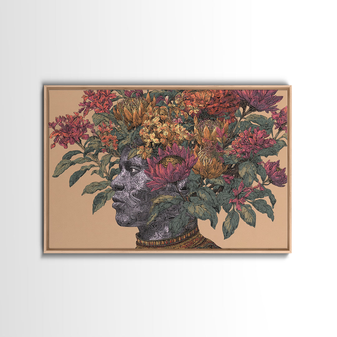 African Woman Profile With Protea Floral Crown Wall Art, Afrocentric Portrait Canvas Print, Black Beauty Home Decor Gift