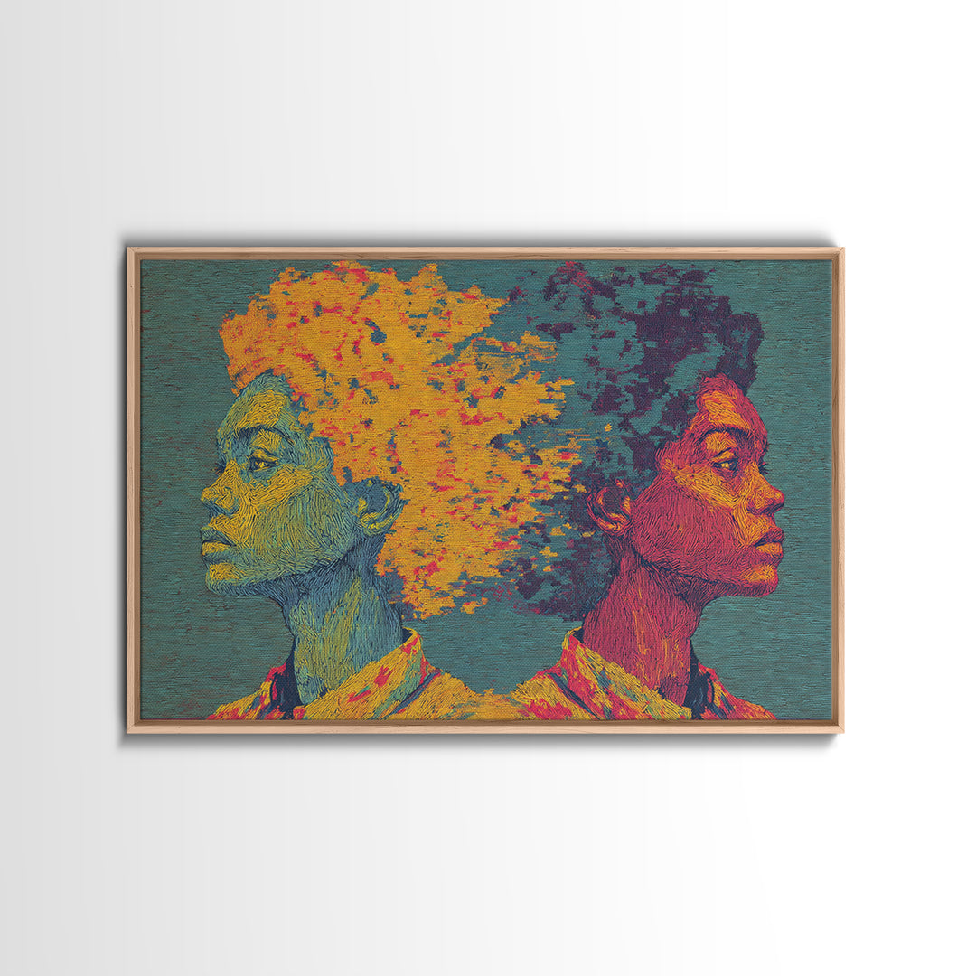 Vibrant Black Couple Opposing Profiles Wall Art, African Abstract Canvas Print, Textured Afrocentric Portrait Decor Gift