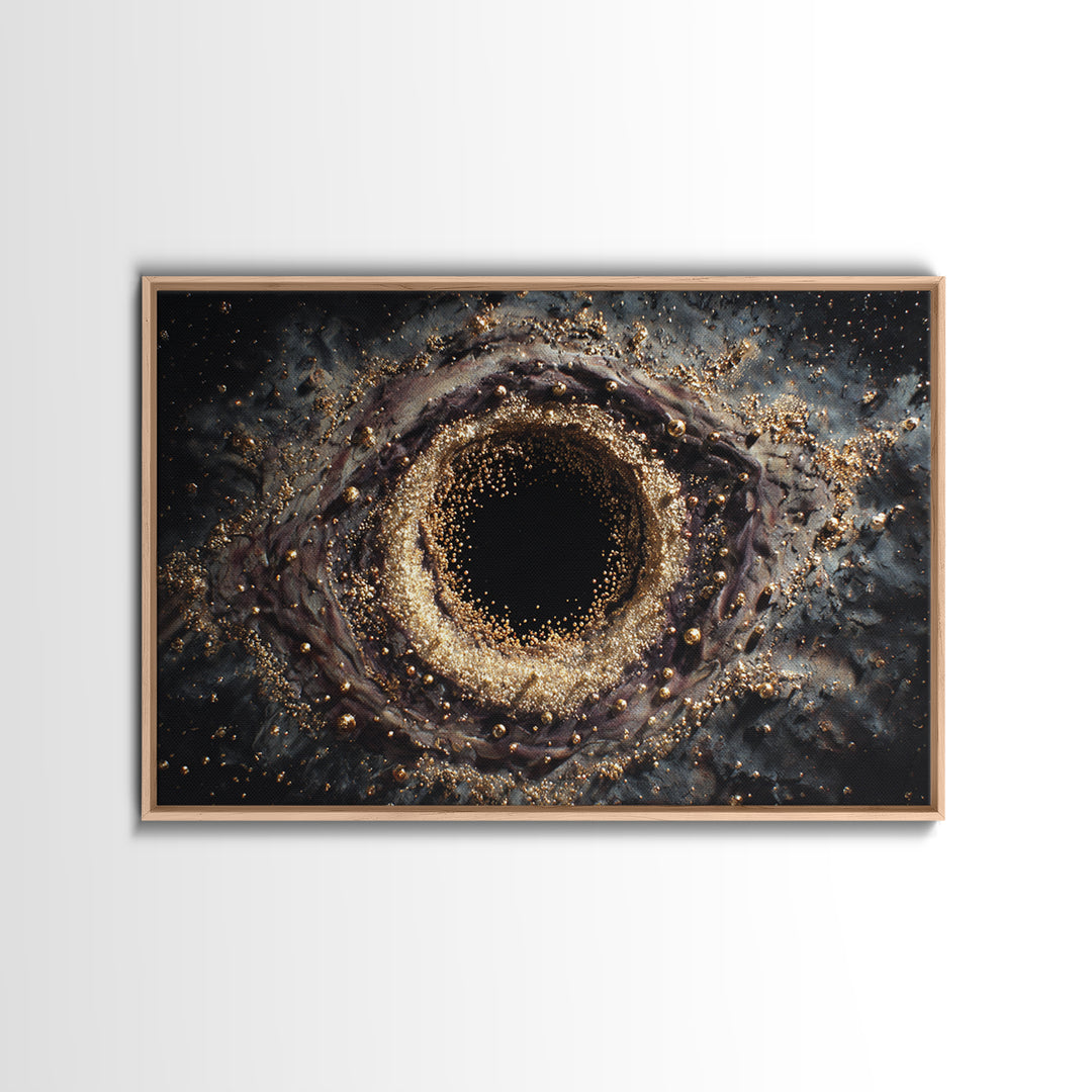 Glittering Black Hole Vortex Framed Canvas Print, Abstract Art, Black And Gold Art, Modern Wall Decor, Unique Home Decor