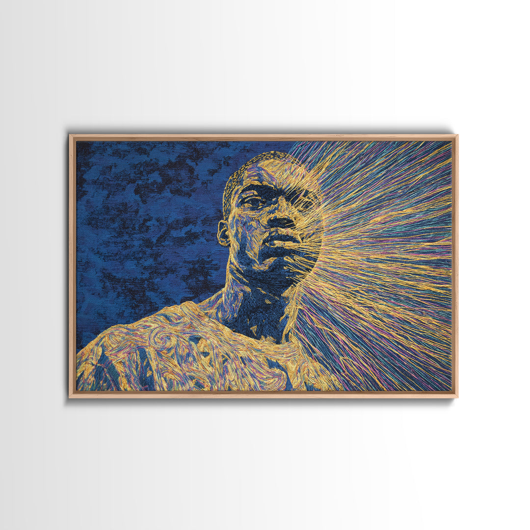 Radiant Black Man Portrait Wall Art, Afrocentric Art, Modern Black Art, Blue And Gold Canvas Print, Black Culture Art Decor
