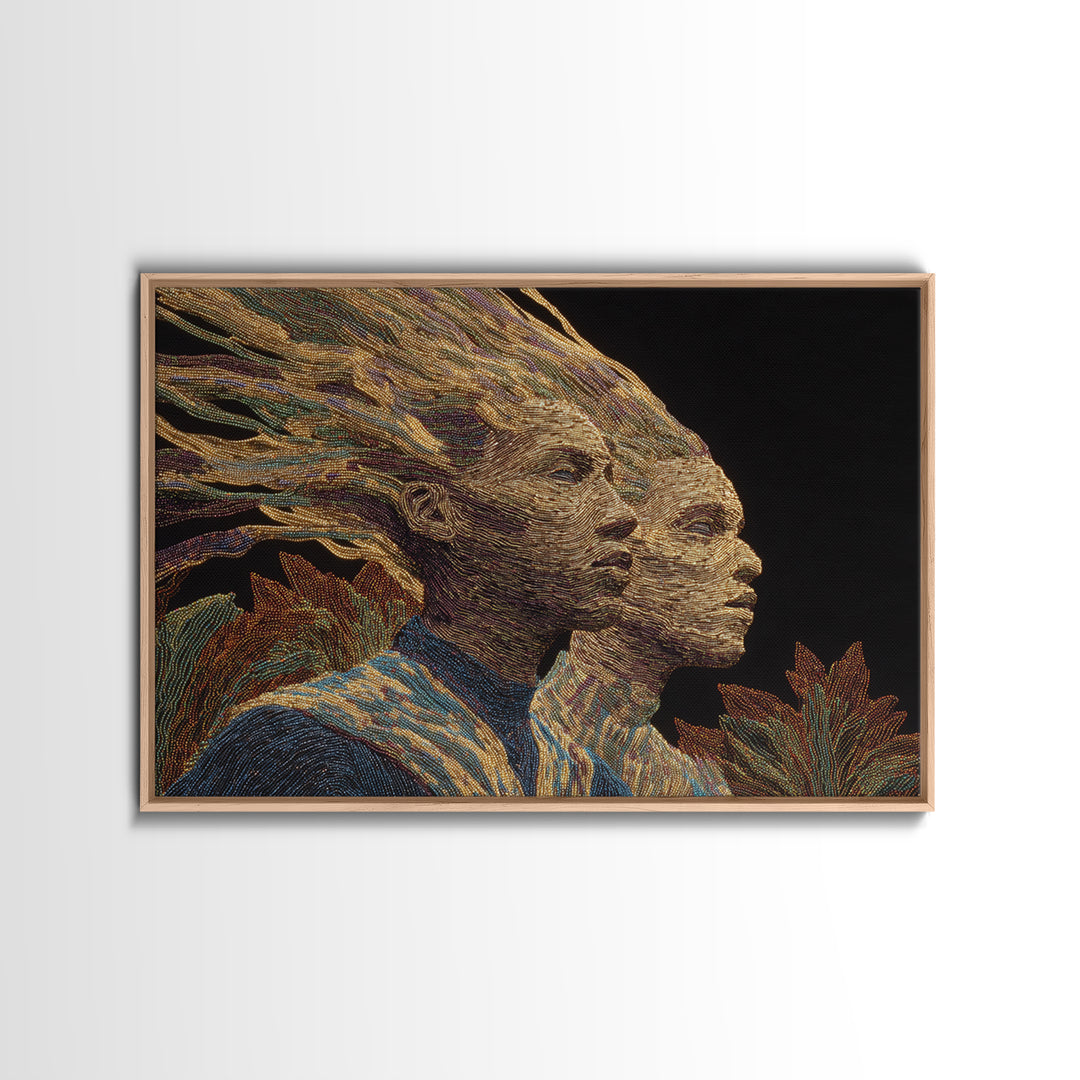 Surreal African Woman Double Portrait Canvas Print, African Women Art, Afrocentric Wall Art, Gold Textile Art, Elegant Decor