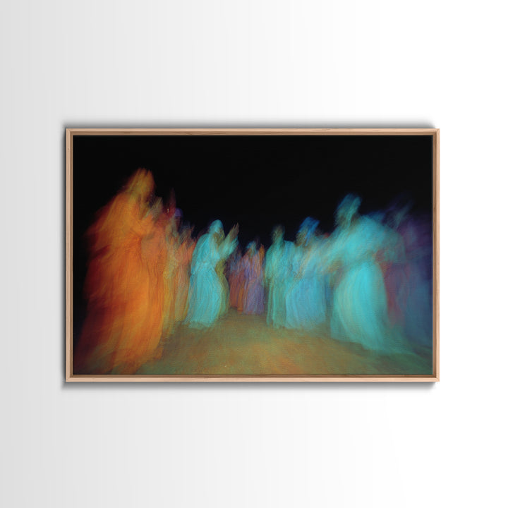 Blurred African Dancers In Orange And Teal Robes Wall Art, Afrocentric Culture Decor, Vibrant Tribal Canvas Print For Home Decor