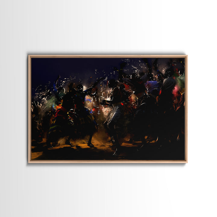 Dramatic African Warriors Dancing With Sparks Wall Art, Black Culture Art Decor, Mystical Tribal Canvas Print For Bold Rooms