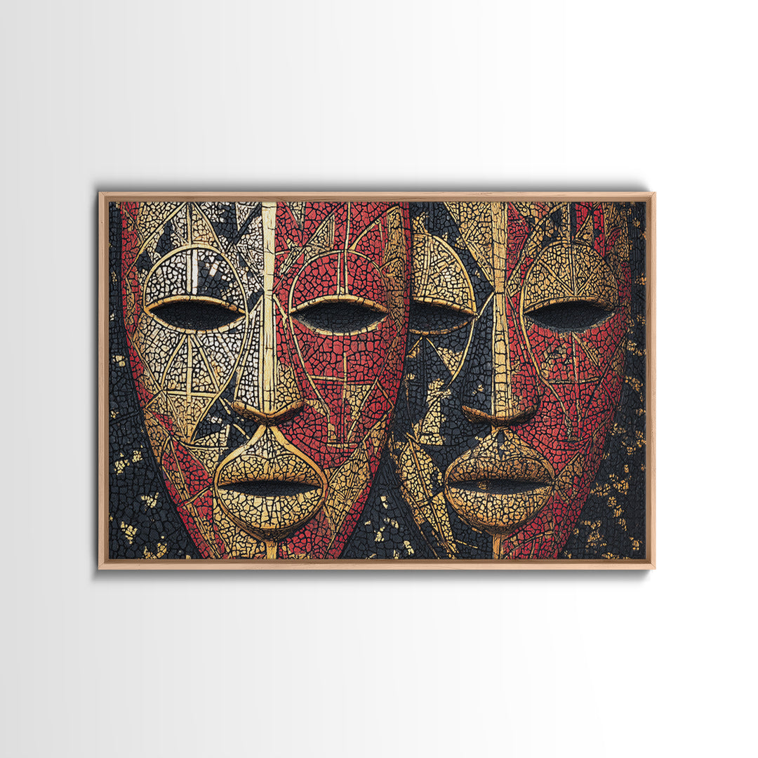 Dual African Tribal Masks In Red Gold Mosaic, Framed Canvas Print, Afrocentric Mask Art, Bold Cultural Wall Decor For Home