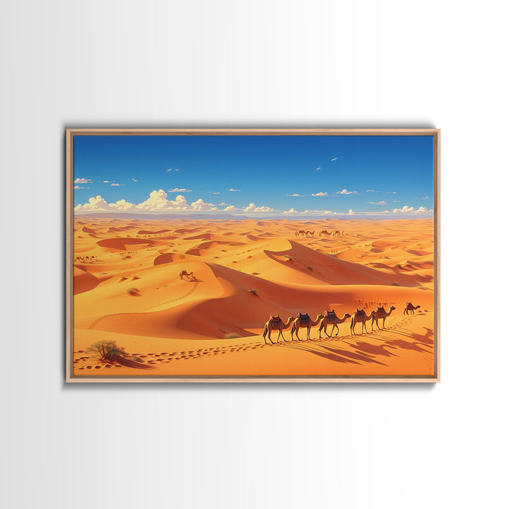 Golden Sahara Dunes With Camel Caravan, African Wall Art, Desert Landscape Print, Travel Decor, Boho Living Room Gift Poster