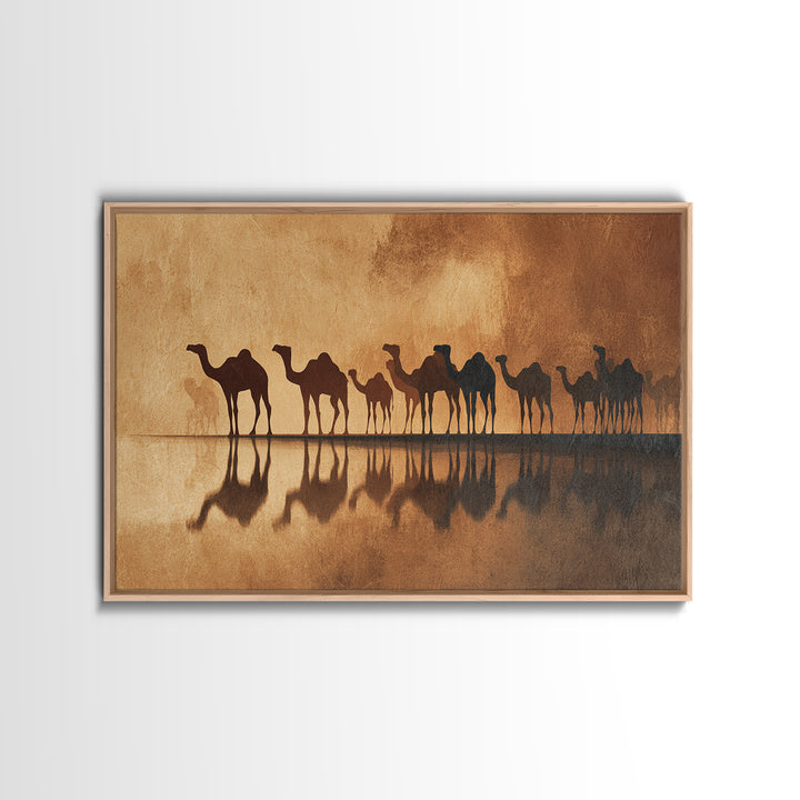 Sepia Camel Caravan Reflections At Dusk, Canvas Print, African Safari Art, Earth Tone Wall Decor, Desert Home Decor Gift