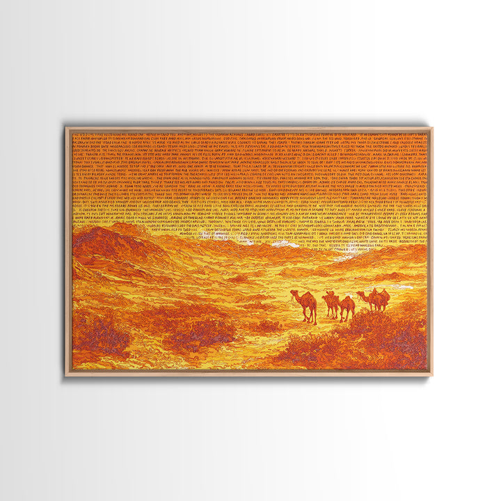 Orange Desert Camel Caravan With Text Texture, African Wall Art, Sahara Landscape Poster, Burnt Orange Boho Decor Gift Print