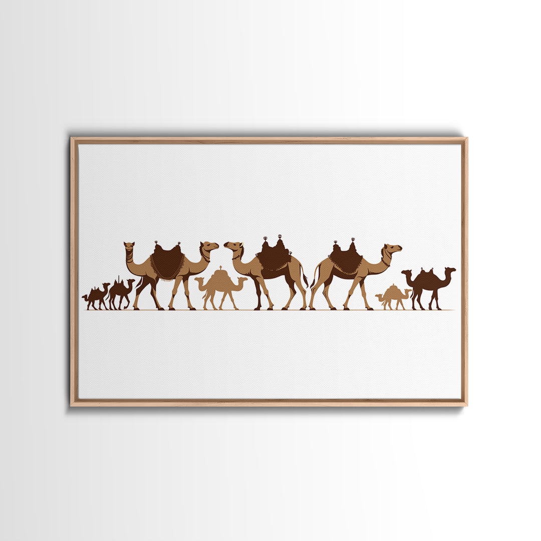 Minimal Camel Caravan Silhouette On White, Framed Canvas Print, African Desert Wall Decor, Neutral Safari Art Gift For Living Room
