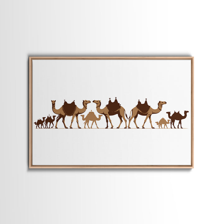 Minimal Camel Caravan Silhouette On White, Framed Canvas Print, African Desert Wall Decor, Neutral Safari Art Gift For Living Room