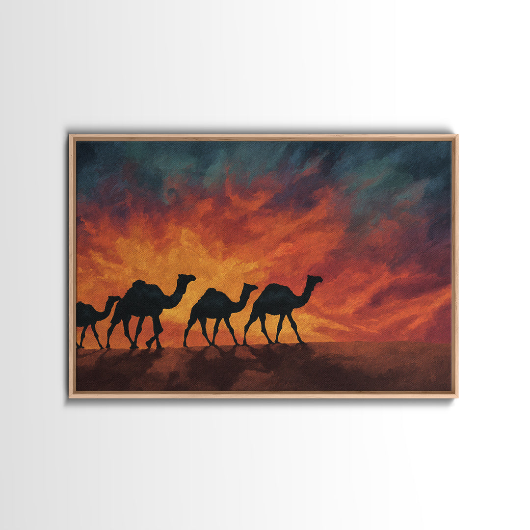 Fiery Sunset Camel Caravan Silhouettes, Canvas Print, African Safari Wall Art, Burnt Orange Desert Decor For Living Room
